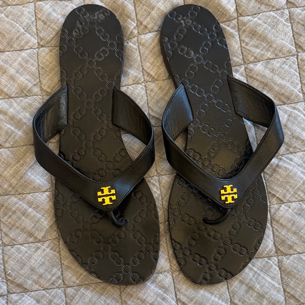 Tory Burch Black Sandals with Gold Emblem